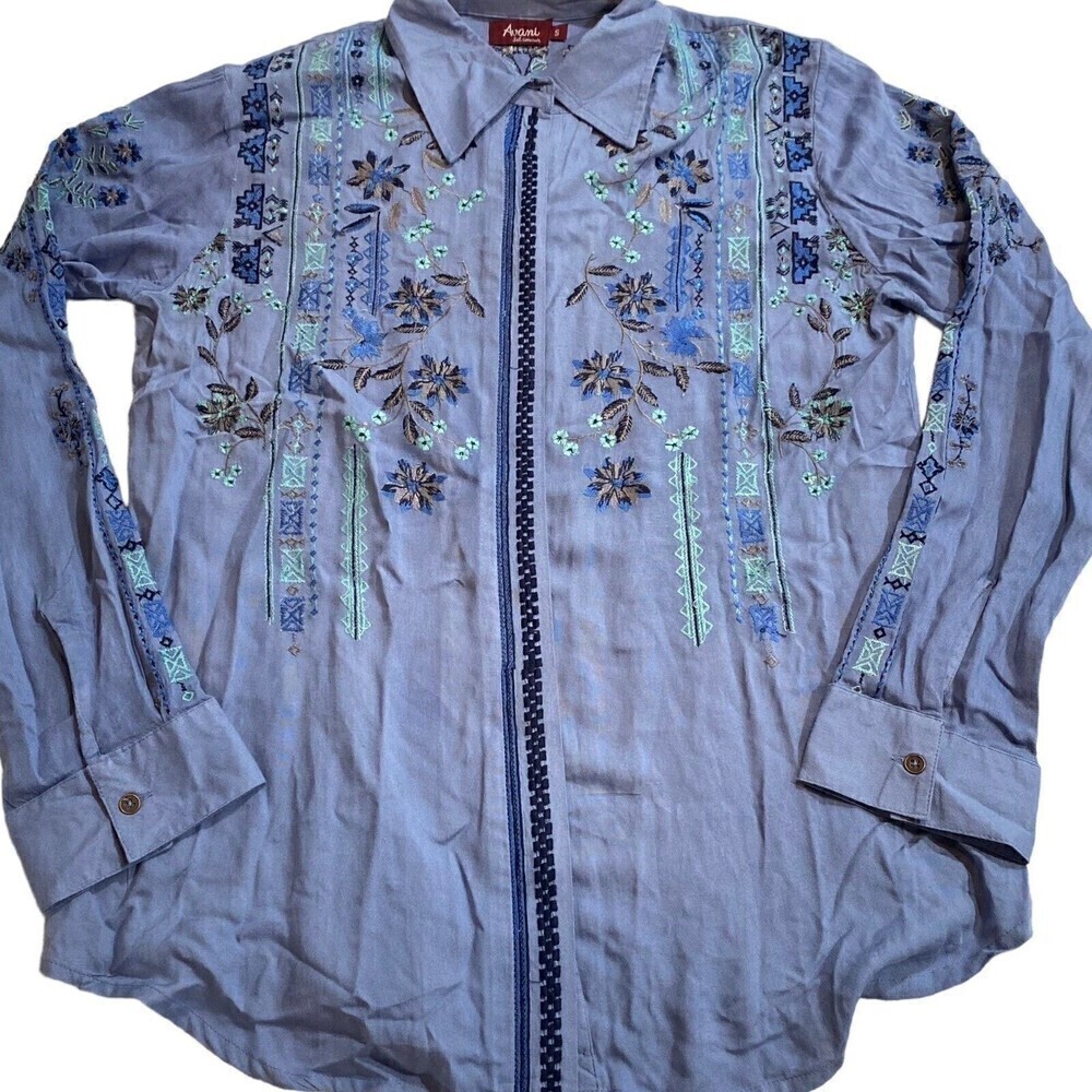 Avani Del Amour Sz Small Embroidered Floral Plaid Shirt Tunic Long Sleeve Button